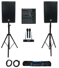 (2) Rockville DX15 15" Powered DJ PA Speakers + Mackie Mixer + (2) Wireless Mics