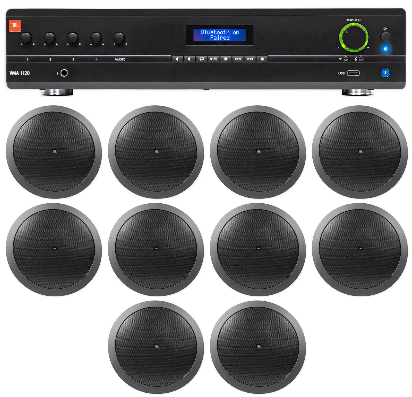 JBL VMA1120 Commercial/Restaurant 120W 70v Amplifier+10) JBL Black 6.5" Speakers