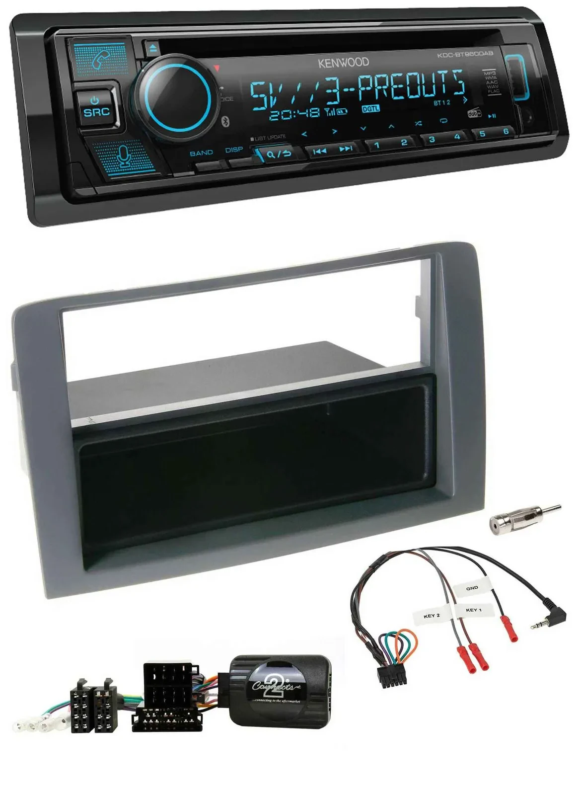 Kenwood Bluetooth USB CD Lenkrad DAB Autoradio für Fiat Idea 2006-2011 grau