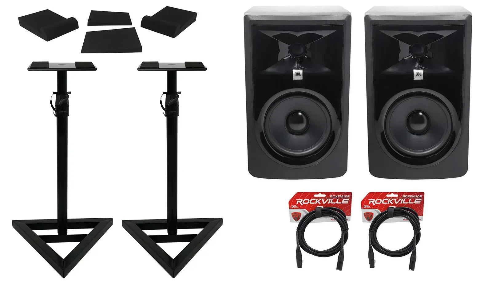 (2) JBL 306P MkII 6" Powered Studio Reference Monitors+Stands+Pads+XLR Cables