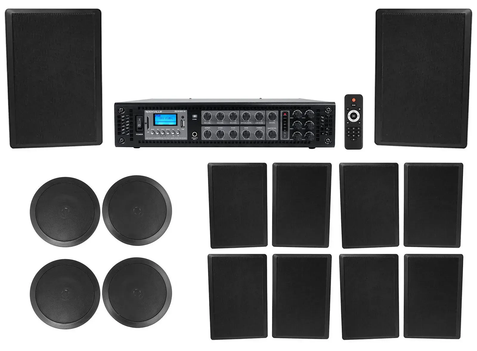 Трансляционный усилитель Rockville RCS180-6+2) CC65T Black+5) Rock Slim OFF с комплектом акустики