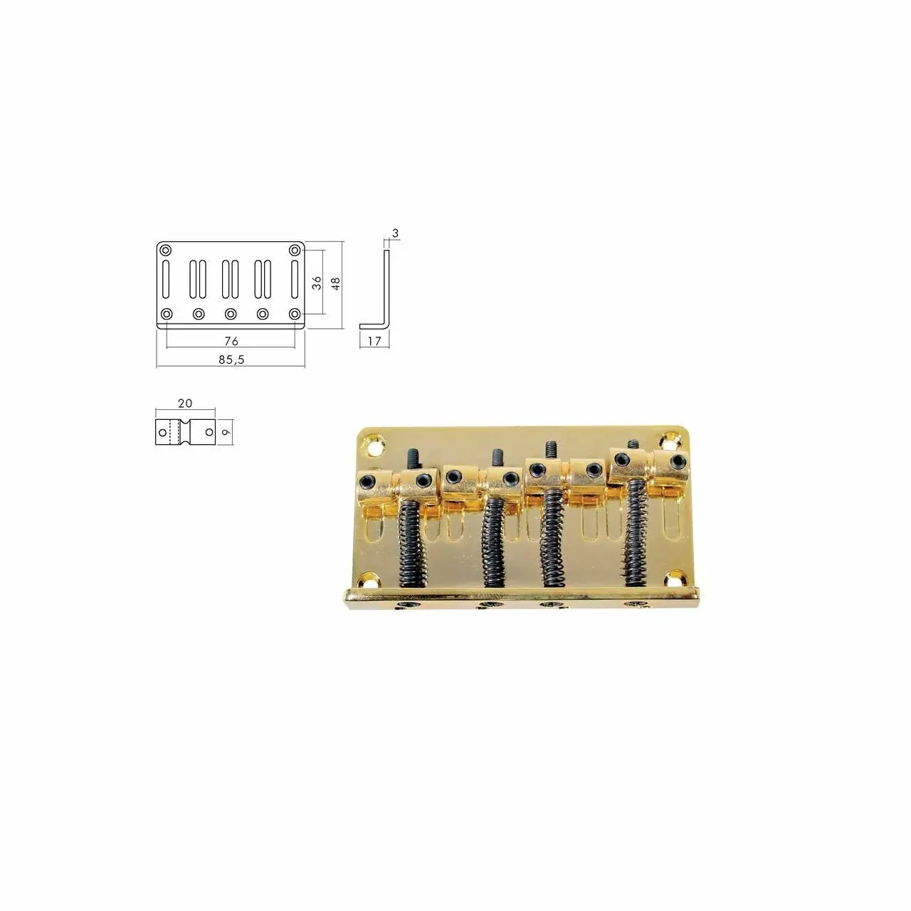 Бридж для бас-гитары BOSTON BB-134-G Steg-Saitenhalter für Bass, Jocker/ Puncher bass, gold, Saitenab