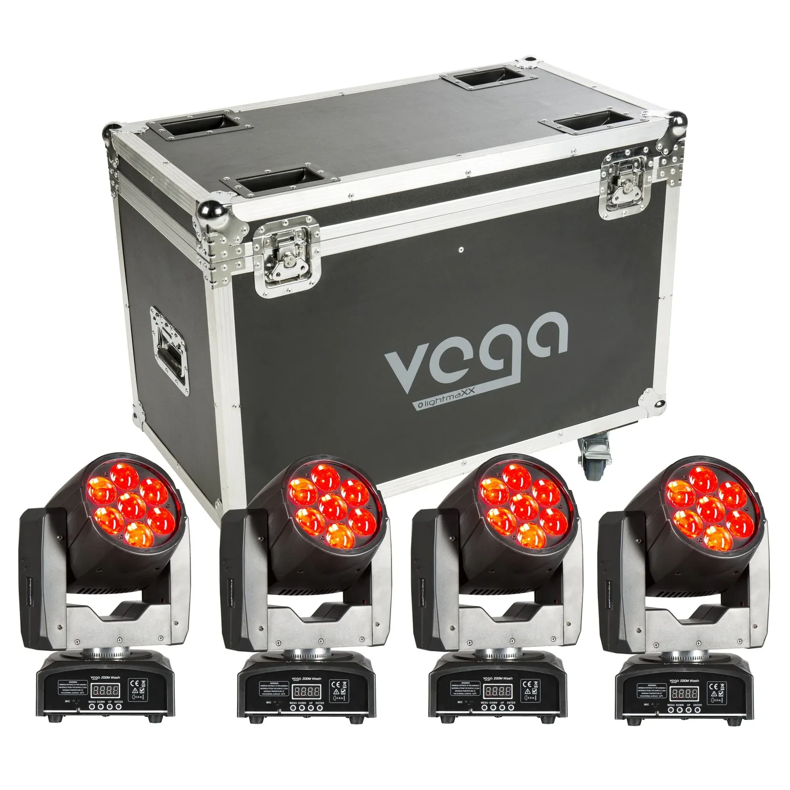 LightmaXX Vega ZOOM 4er Set Moving Heads 12x RGBW LED 84W 16 Kanäle Wash Beam