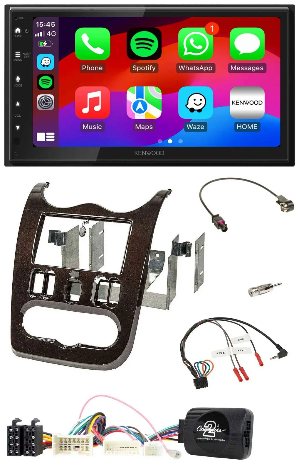 Kenwood Lenkrad USB DAB 2DIN Bluetooth Autoradio für Dacia ab 12 dunkelbraun