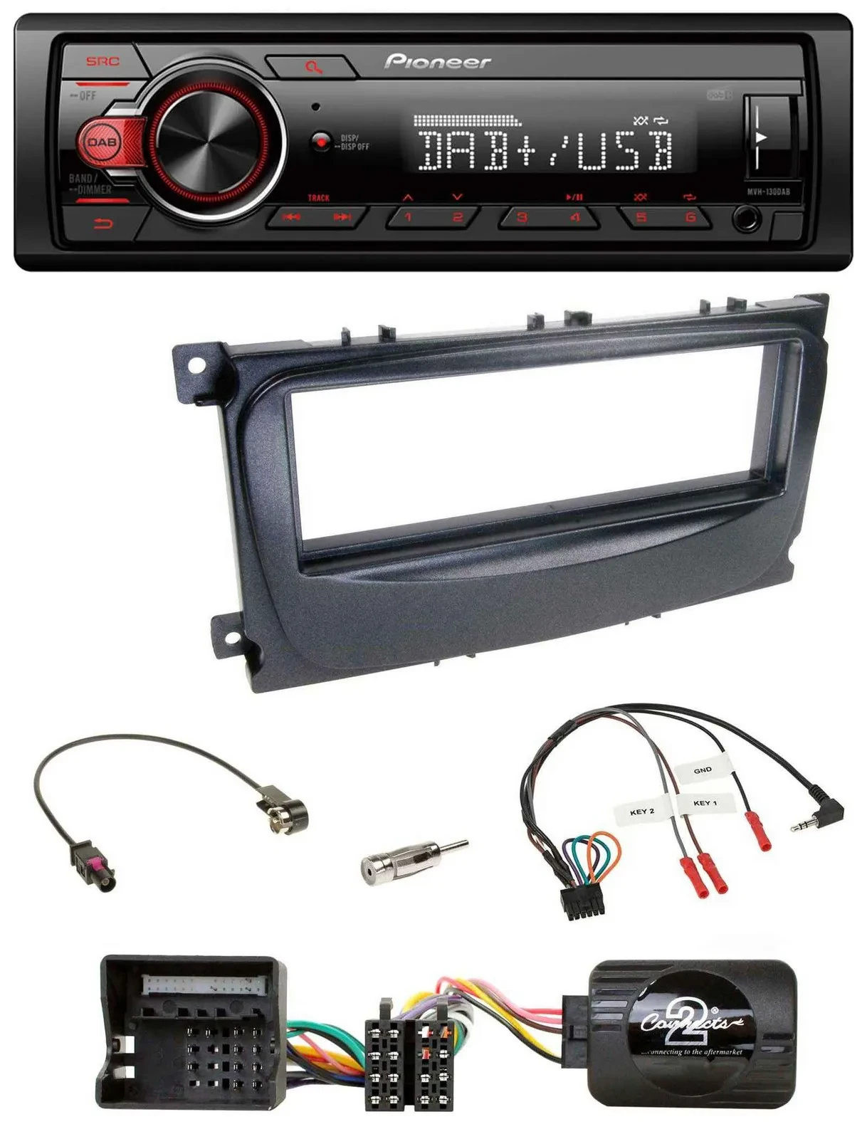 Автомагнитола Pioneer 1-DIN DAB USB MP3 для Ford Focus/C-Max/Galaxy (с 2007), совместимая с кнопками на руле, черная
