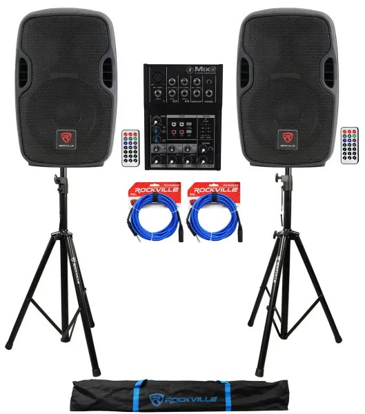 (2) Rockville BPA8 300 Watt 8" Powered Speakers+Mackie Mixer+Stands+Cables+Bag