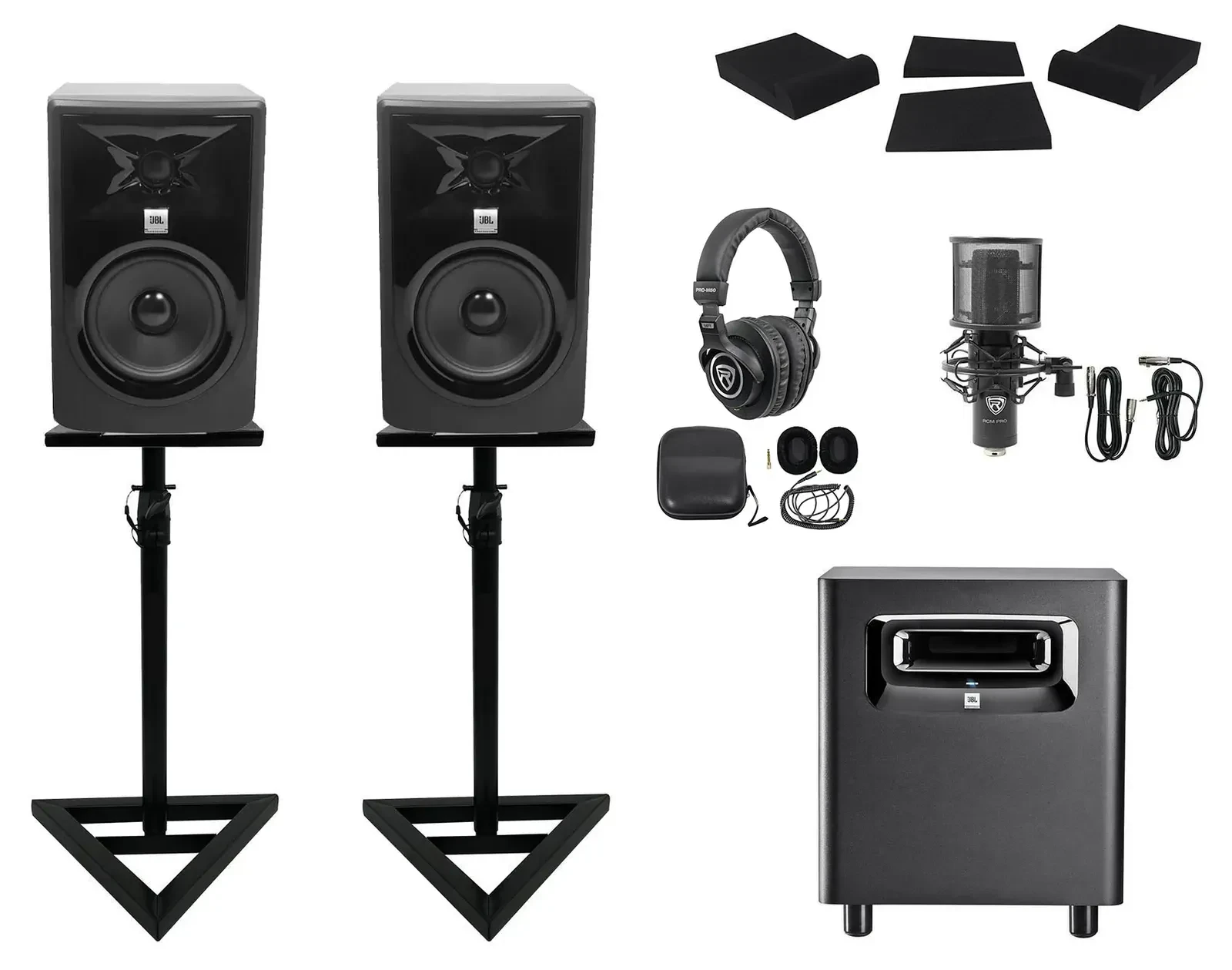 2) JBL 306P MkII 6" Powered Studio Monitors+Stands+Pads+Subwoofer+Headphones+Mic