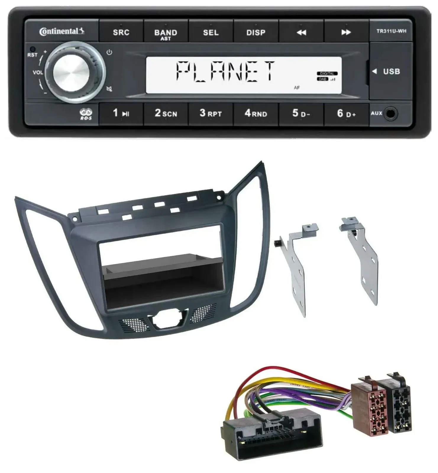 Автомагнитола Continental 1DIN, USB, MP3, AUX, для Ford C‑Max/Kuga, темно-серая