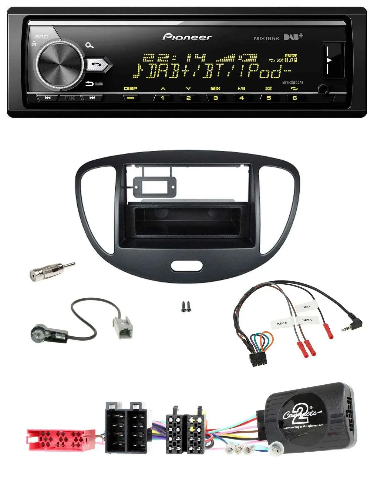 Автомагнитола Pioneer Bluetooth, USB, DAB, для Hyundai i10 (2009–2013), поддержка кнопок на руле, черная