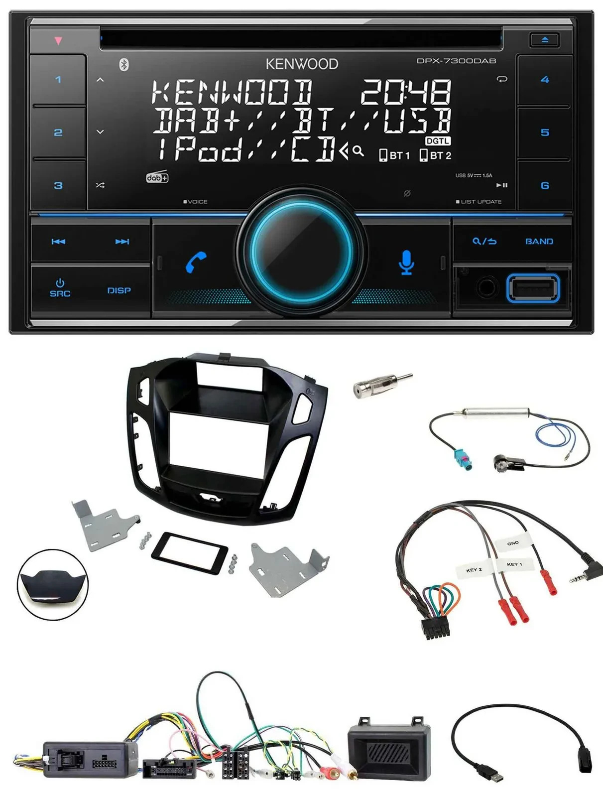 Автомагнитола для Ford Focus 2014–2018 Kenwood 2-DIN, CD, DAB, USB, Bluetooth, совместимая с кнопками на руле