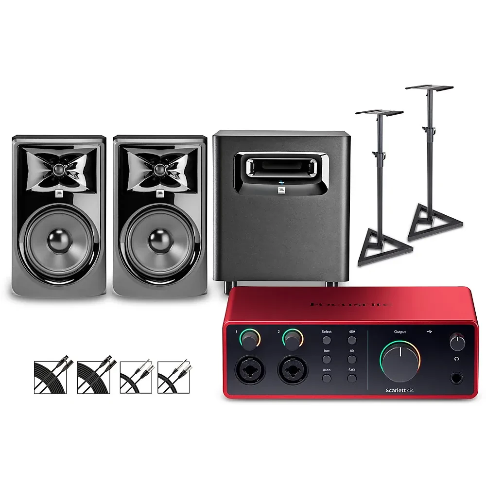 Focusrite Scarlett 4i4 Gen 4 with JBL 3 Monitors/LSR Sub/Stands/Cables 308MKII