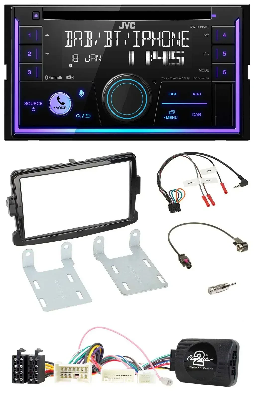 Автомагнитола JVC 2DIN, DAB, Bluetooth, CD, USB для Dacia Sandero (с 2013)