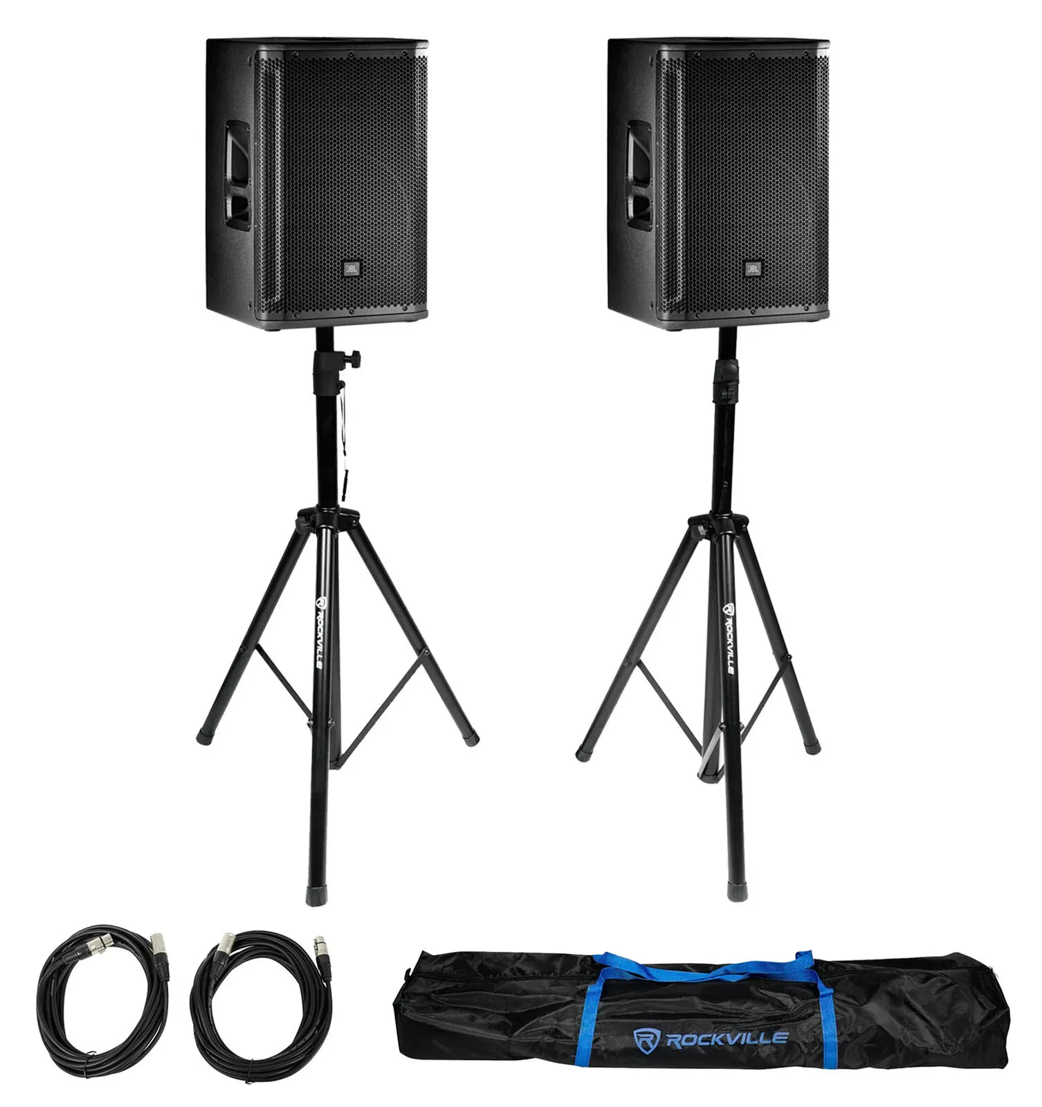 (2) JBL SRX812P 12" 2000 Watt Powered 2-Way DJ PA Speakers+Stands+Cables+Bag