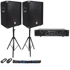 (2) Rockville RSG10 DJ PA Speakers + Rocville RPA5 Amp + Stands + Cables + Case