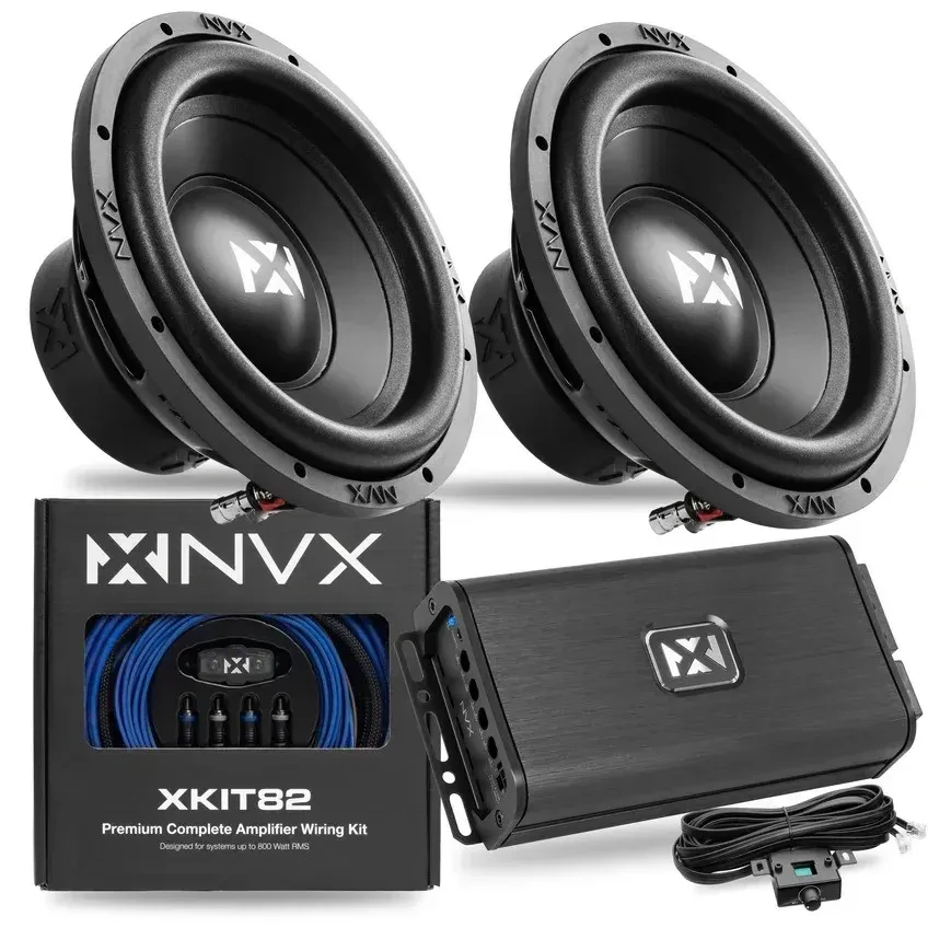 Комплект автозвука NVX ESW104 + VADM1 + XKIT82 10" сабвуфер, моноблочный усилитель, комплект проводки (набор)
