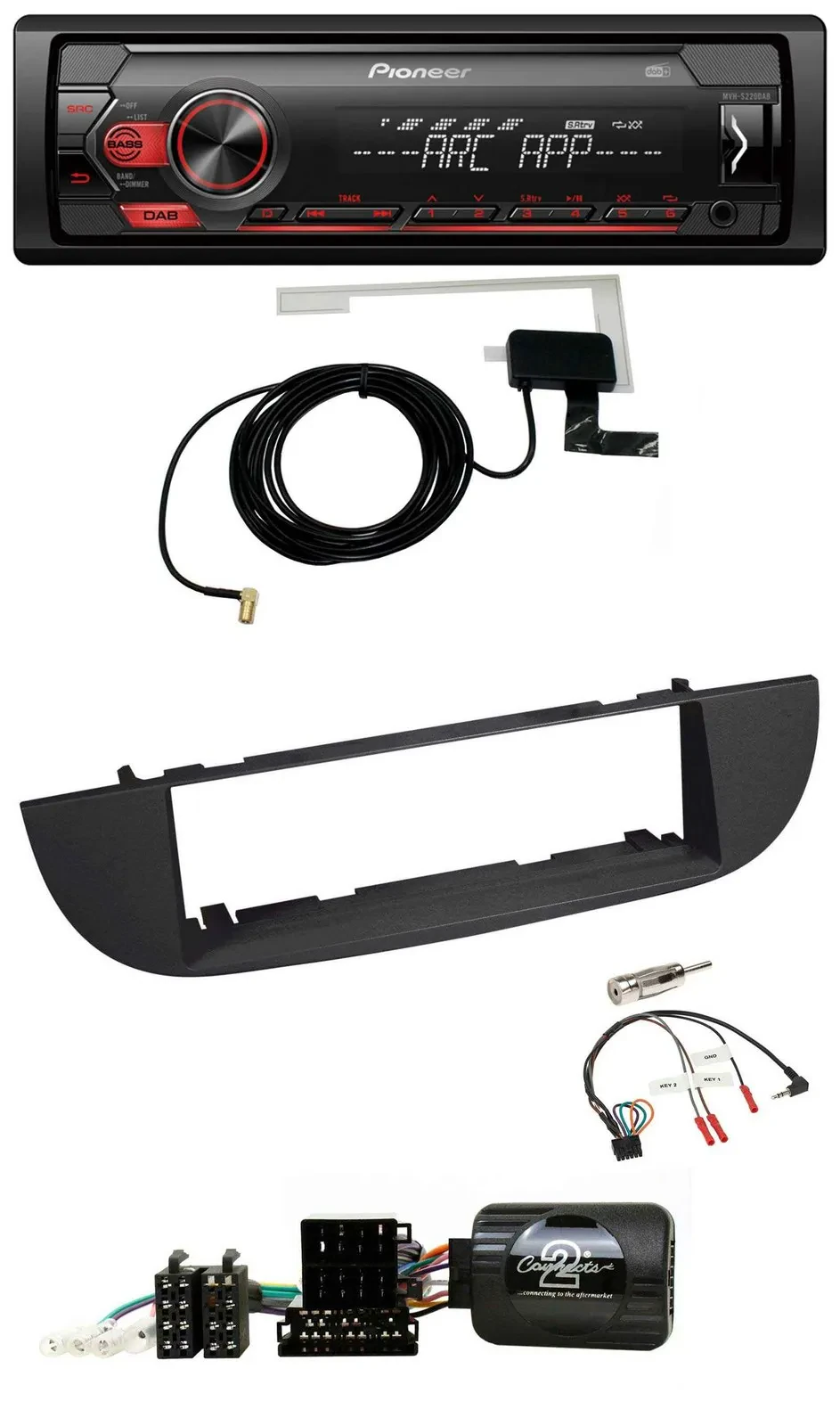 Автомагнитола для Fiat 500 Pioneer 1-DIN USB DAB MP3, с поддержкой кнопок на руле, черная