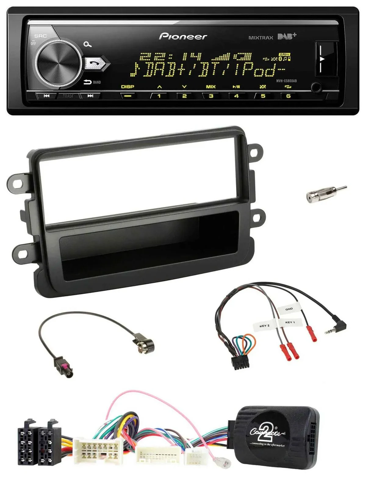 Автомагнитола Pioneer Bluetooth, USB, DAB, поддержка управления с руля, для Dacia (черный)