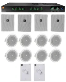 JBL Commercial Amplifier+4) 6.5" White Wall+8) 4" Ceiing Speakers+Wall Controls