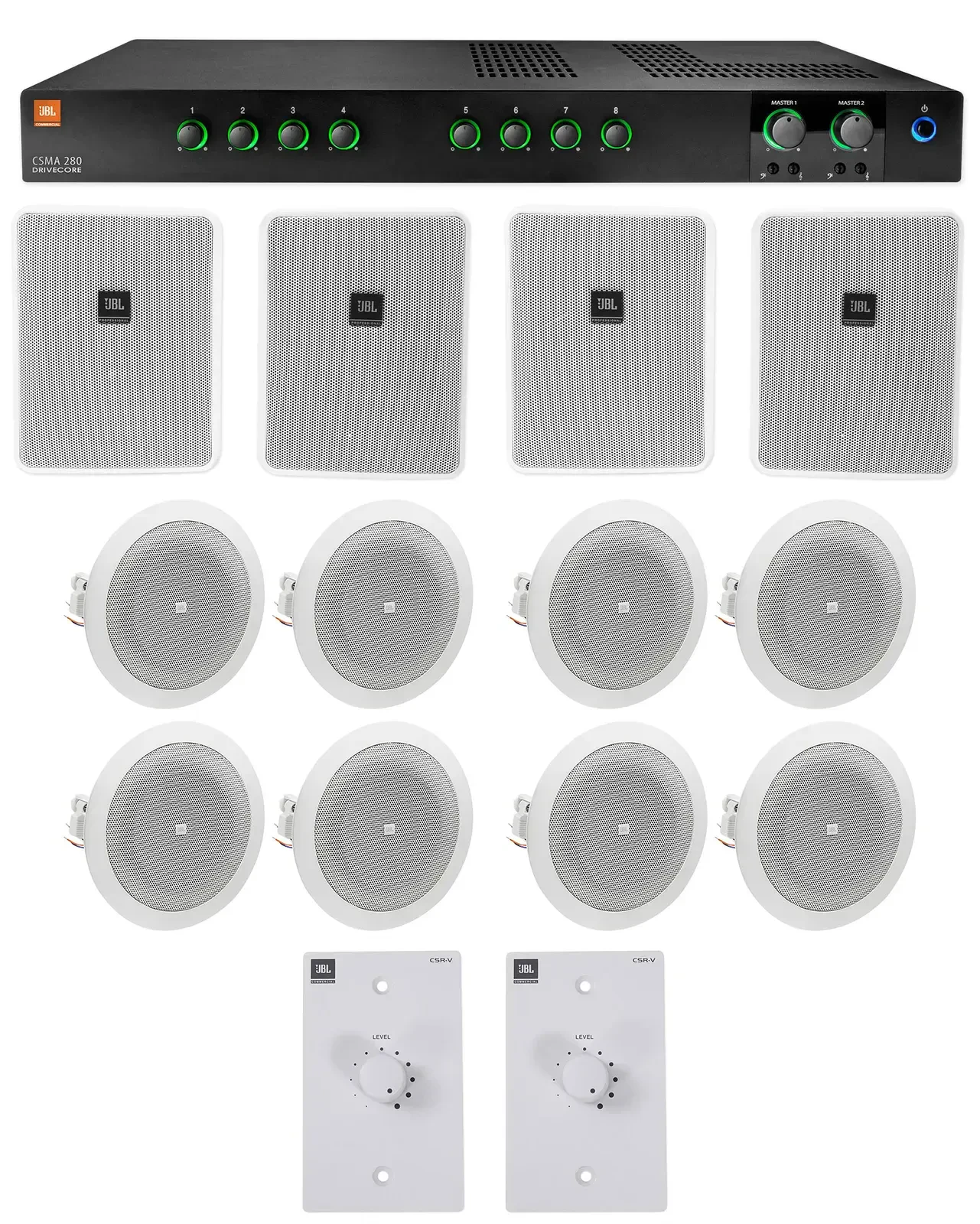 JBL Commercial Amplifier+4) 6.5" White Wall+8) 4" Ceiing Speakers+Wall Controls