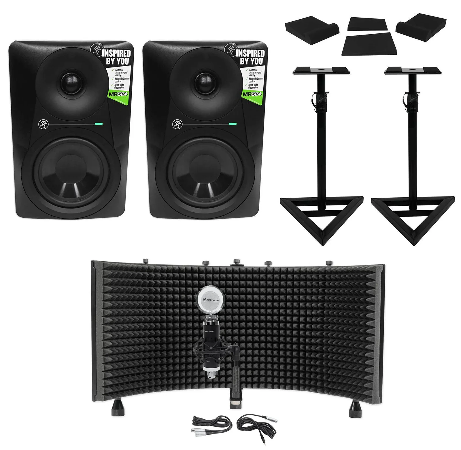 (2) Mackie MR524 5” 50w Powered Studio Monitors+Condenser Mic+Stands+Pads+Shield