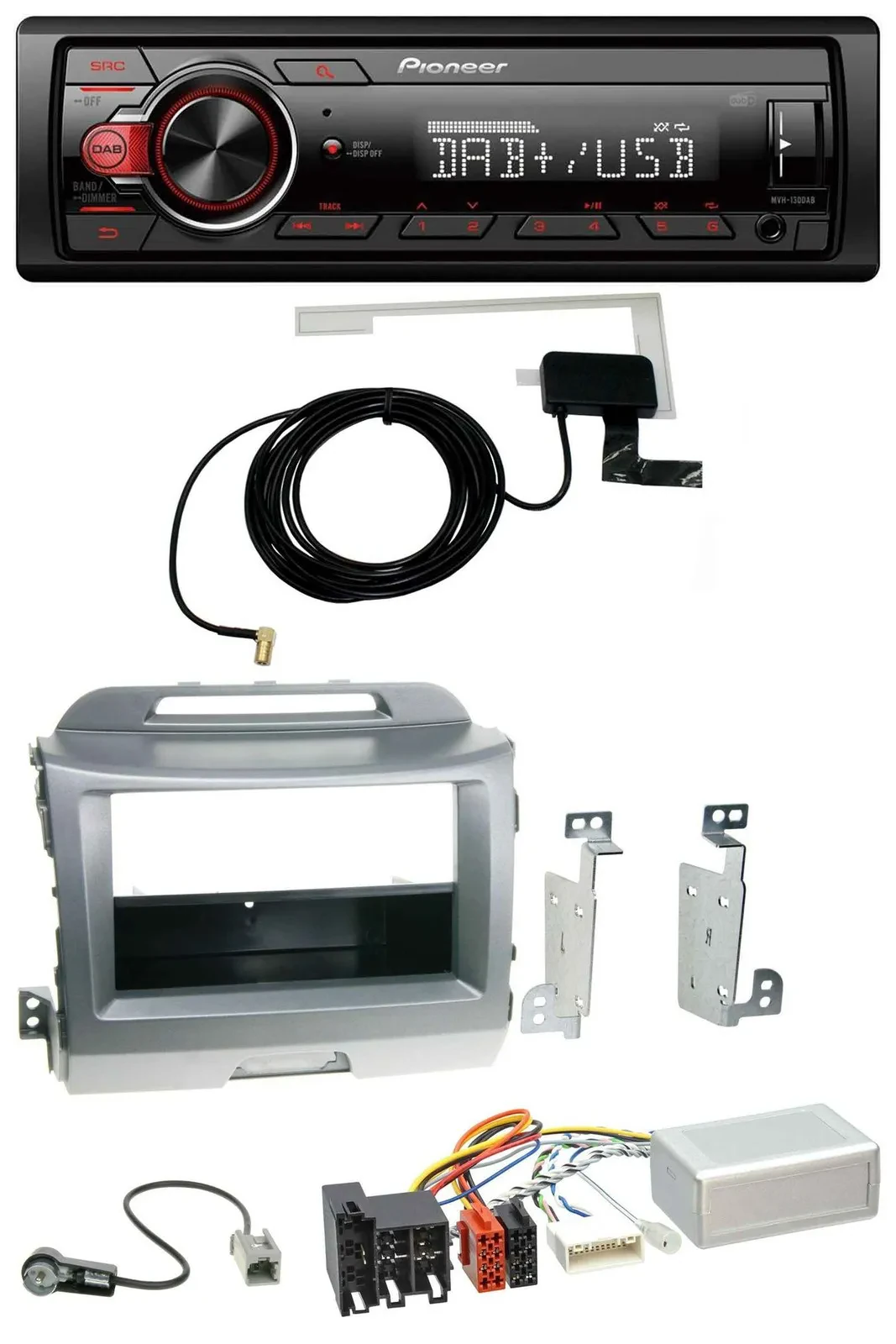 Автомагнитола для Kia Sportage 3 (2010–2015) Pioneer 1-DIN, MP3, DAB, USB, поддержка кнопок на руле, навигация, серебристая