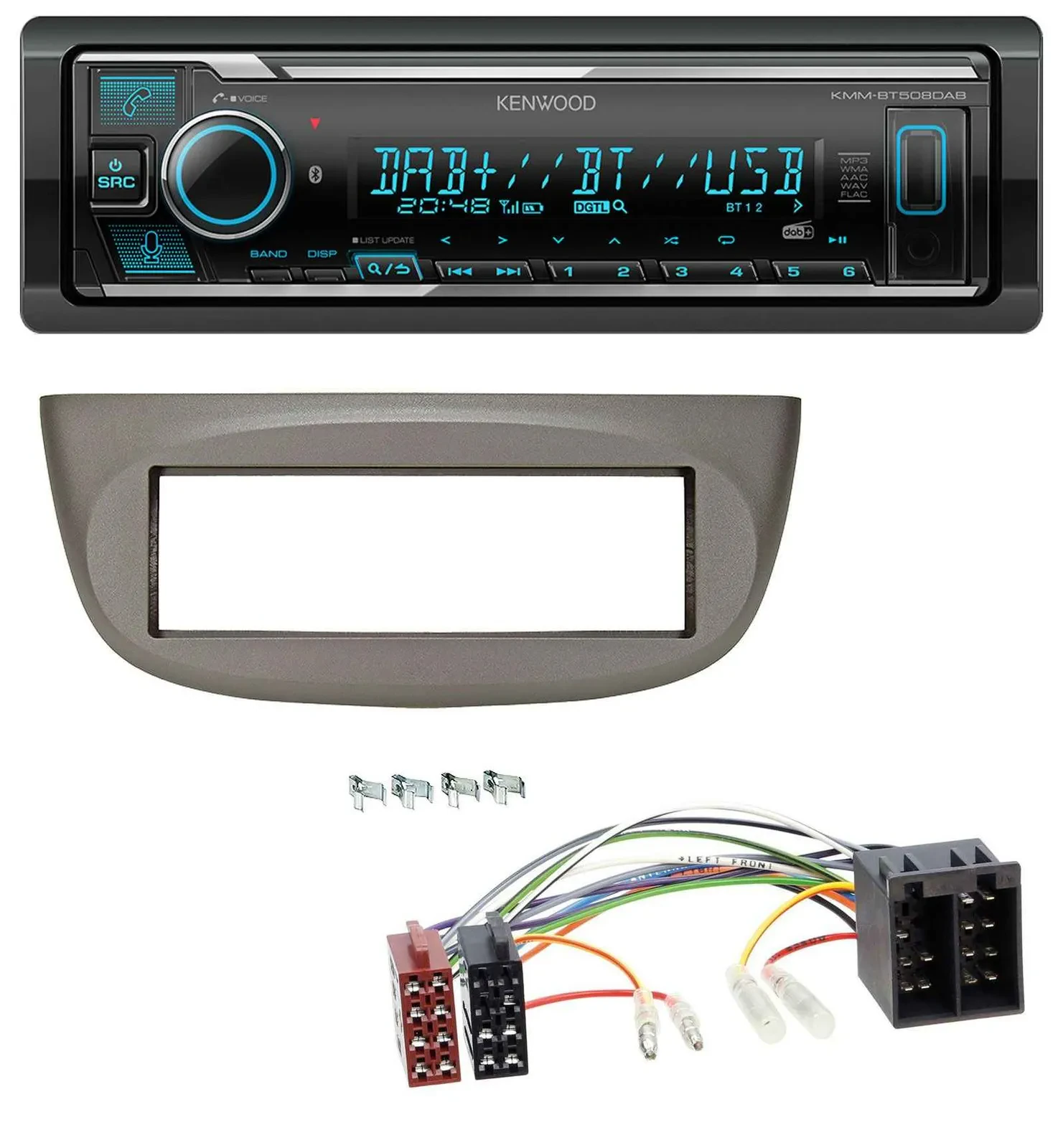 Автомагнитола Kenwood Bluetooth, MP3, DAB, USB, бежево-серая, для Renault Twingo 2007–2012