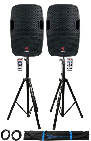 2) Rockville BPA12 12" Powered 600W DJ PA Speakers w Bluetooth+Stands+Cables+Bag