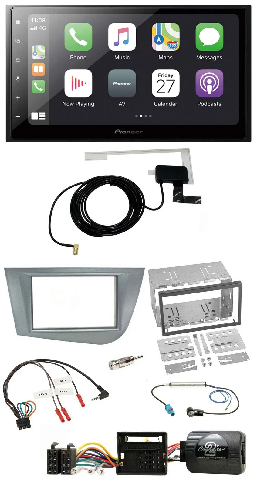 Автомагнитола для Seat Leon 2005–2012 Pioneer 2DIN, Bluetooth, DAB, USB, совместима с управлением на руле, серебристая