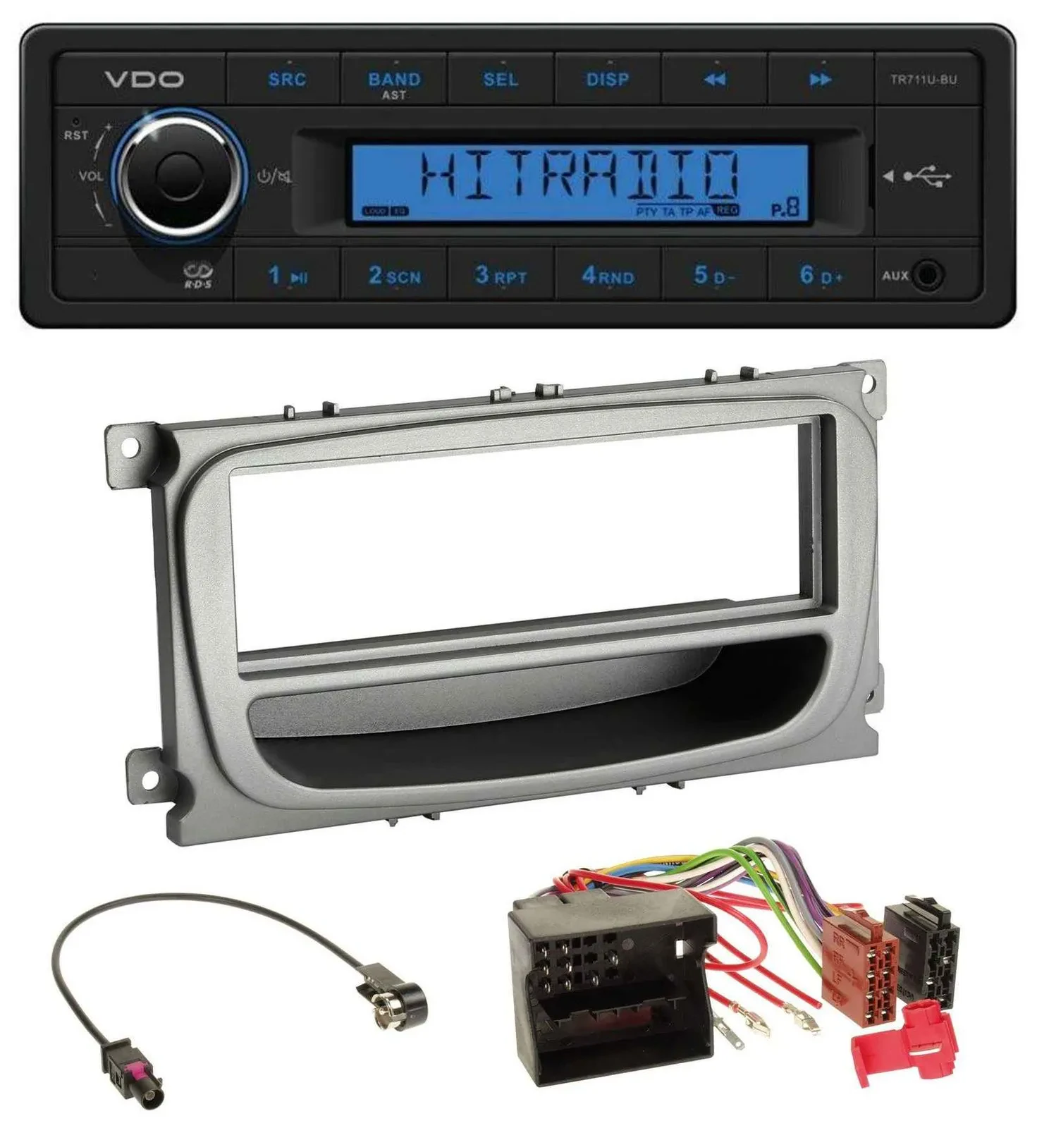 VDO AUX 1DIN MP3 USB Autoradio für Ford Focus Galaxy C-Max ab 2007 silber Ablage