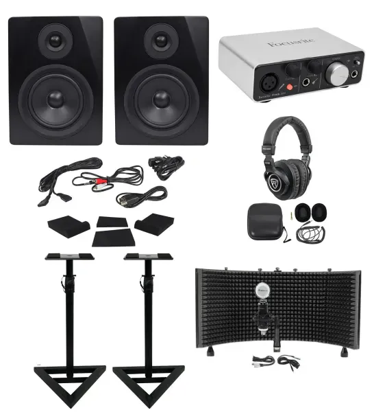 Focusrite Package w/Interface+Studio Monitors+Recording Mic+Headphones+Shield