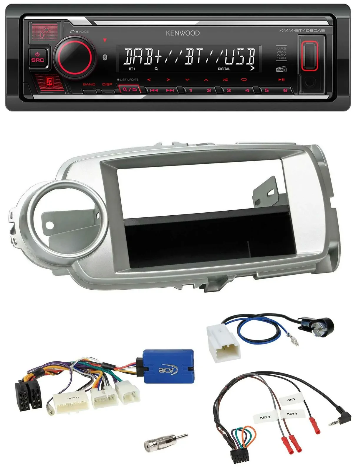 Автомагнитола для Toyota Yaris 2011–2014 Kenwood Bluetooth USB DAB серебристая