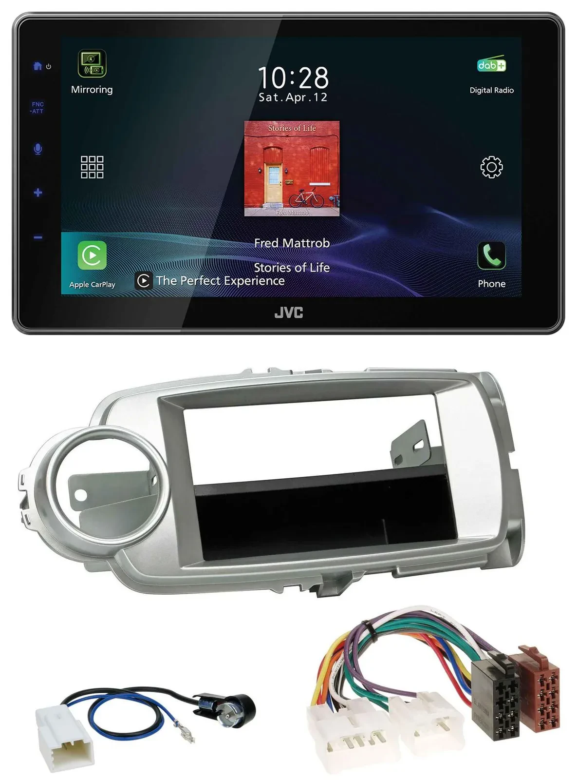 Автомагнитола для Toyota Yaris (2011–2014) JVC DAB, Bluetooth, USB, MP3, серебристая