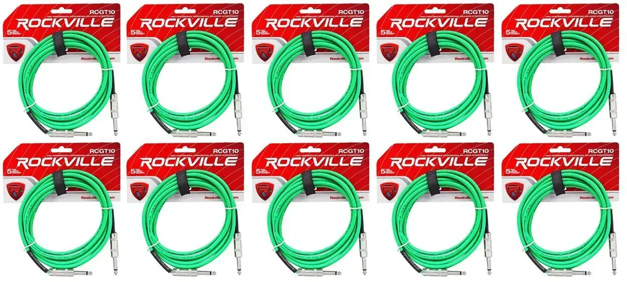 Инструментальный кабель Rockville RCGT10G Green 3.05 м (10 штук)