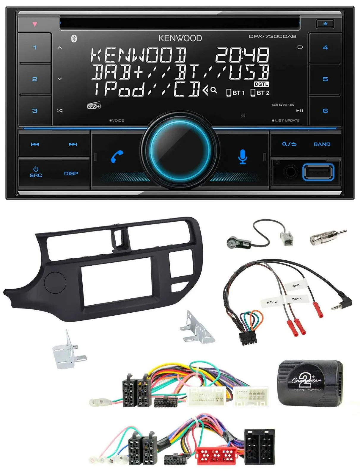 Автомагнитола для Kia Rio UB Kenwood 2-DIN, CD, DAB, USB, Bluetooth, поддержка кнопок на руле, черная