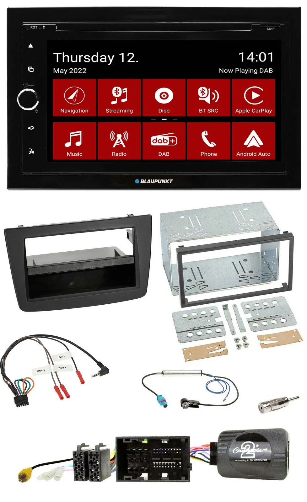 Blaupunkt 2DIN Lenkrad Bluetooth USB TMC DAB Navigation für Alfa Mito 14-18 schw