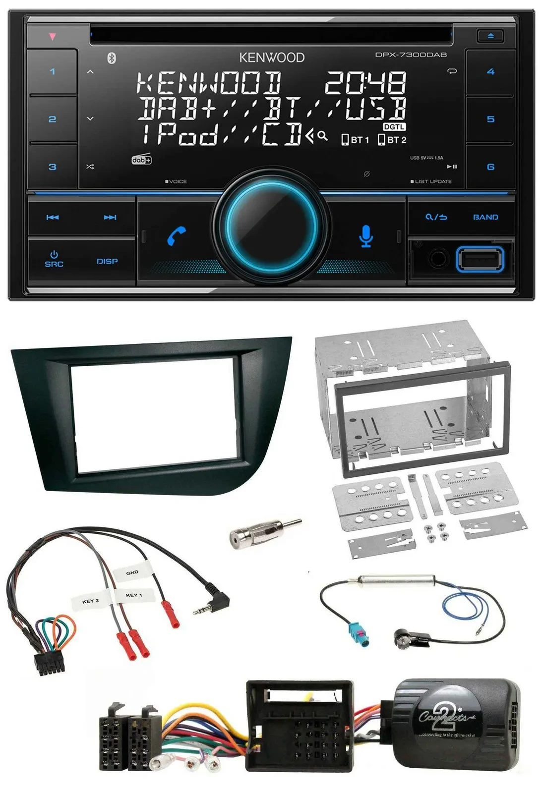 Автомагнитола для Seat Leon 2005–2009 Kenwood 2DIN, CD, DAB, USB, Bluetooth, поддержка управления на руле, черный