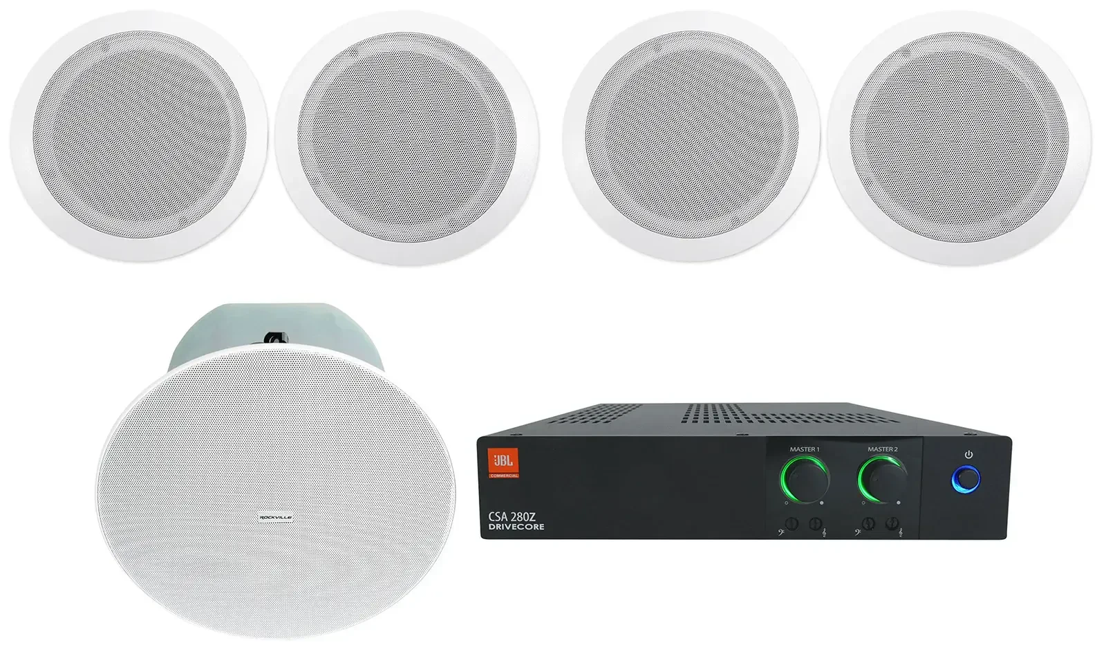 JBL CSA 280Z Commercial 70v Amplifier+(4) 6.5" In-Ceiling Speakers+8" Subwoofer