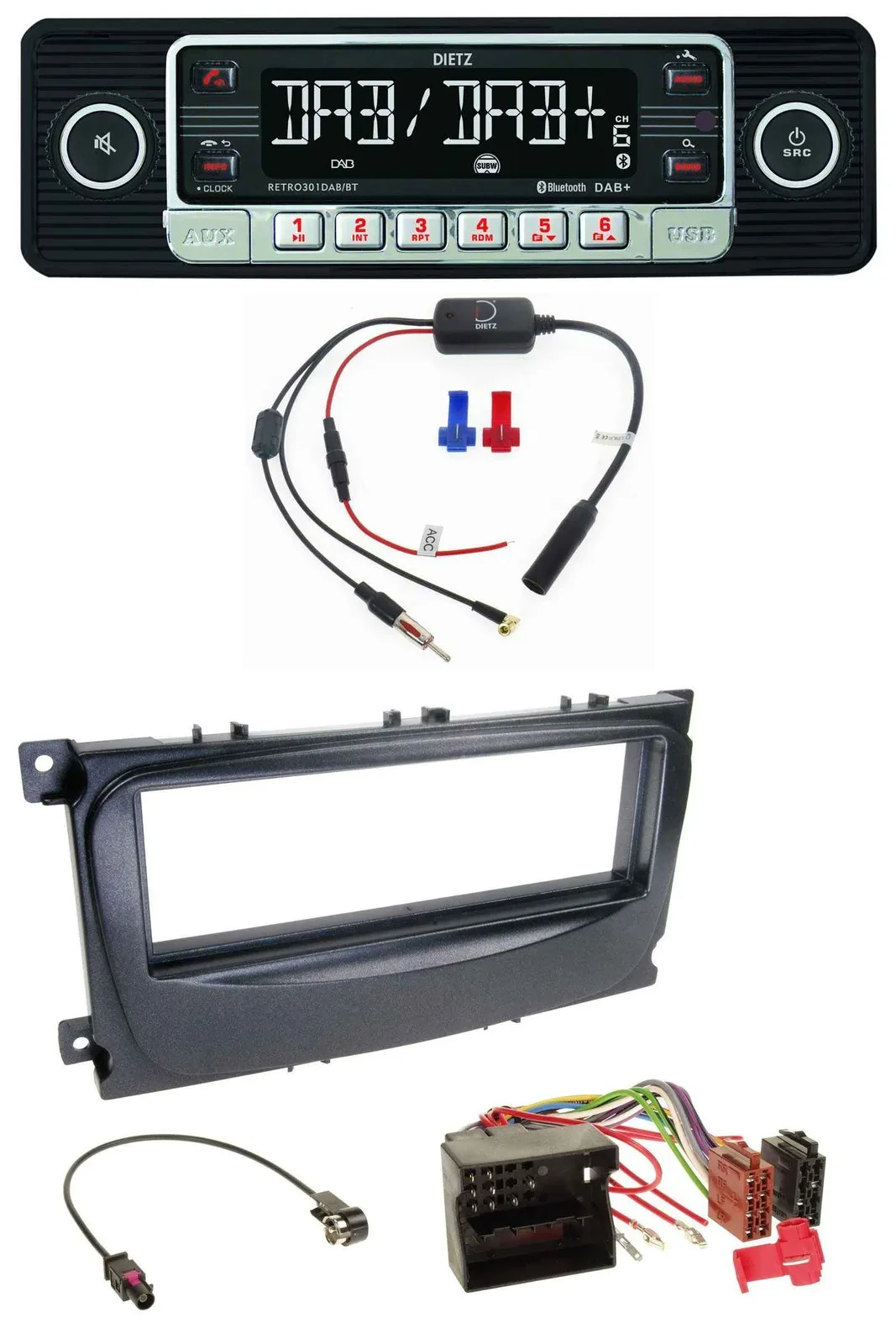 Dietz MP3 DAB Bluetooth USB Autoradio für Ford Focus C-Max Galaxy ab 2007 schwar