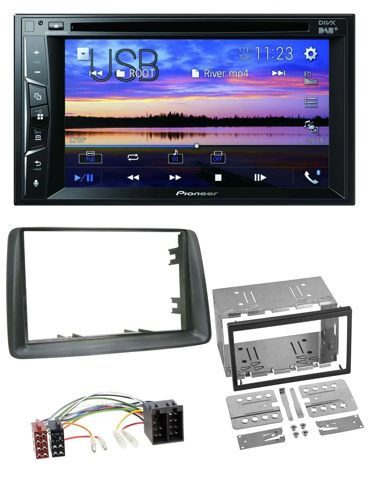 Автомагнитола Pioneer 2-DIN, Bluetooth, USB, DVD, DAB, MP3, для Fiat Panda 2003–2012, серый