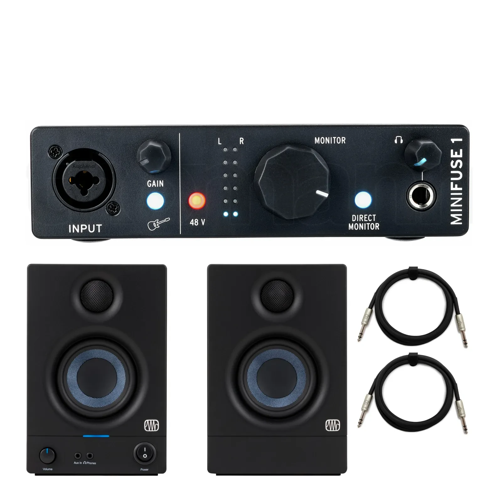 Arturia MiniFuse 1 Audio Interface Studio Speakers TRS Cables Bundle (Black) PRO