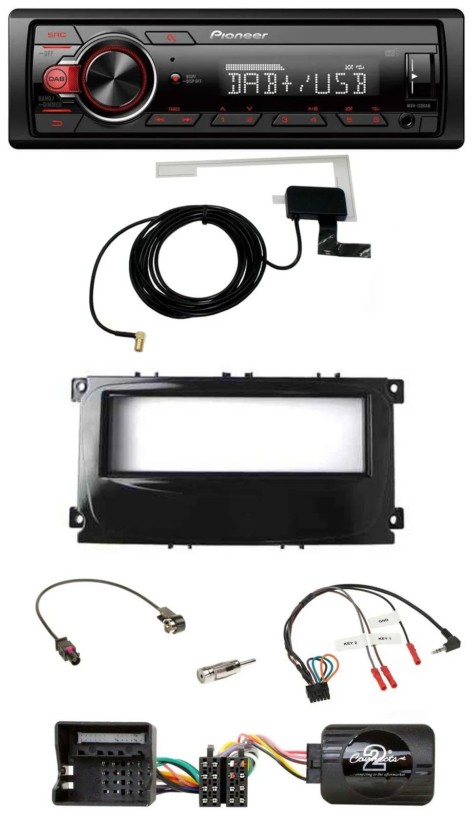 Автомагнитола Pioneer 1-DIN, MP3, DAB, USB, с поддержкой управления на руле, для Ford Focus (с 2007), Galaxy, C-Max, черная