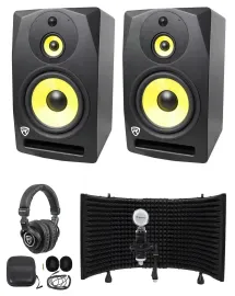 (2) Rockville DPM10B 10" 800w Active 3-Way Studio Monitors+Headphones+Mic+Shield