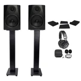 Pair Rockville APM6B 6.5" 350W Powered Studio Monitors+Stands+Pads+Headphones