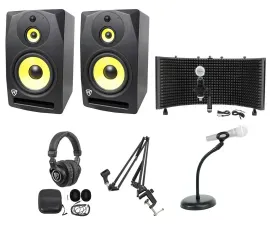 2 Rockville DPM10B 10" 800w Active Studio Monitors+Headphones+Mic+Shield+Stand