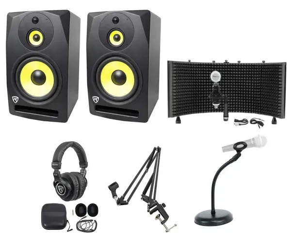 2 Rockville DPM10B 10" 800w Active Studio Monitors+Headphones+Mic+Shield+Stand