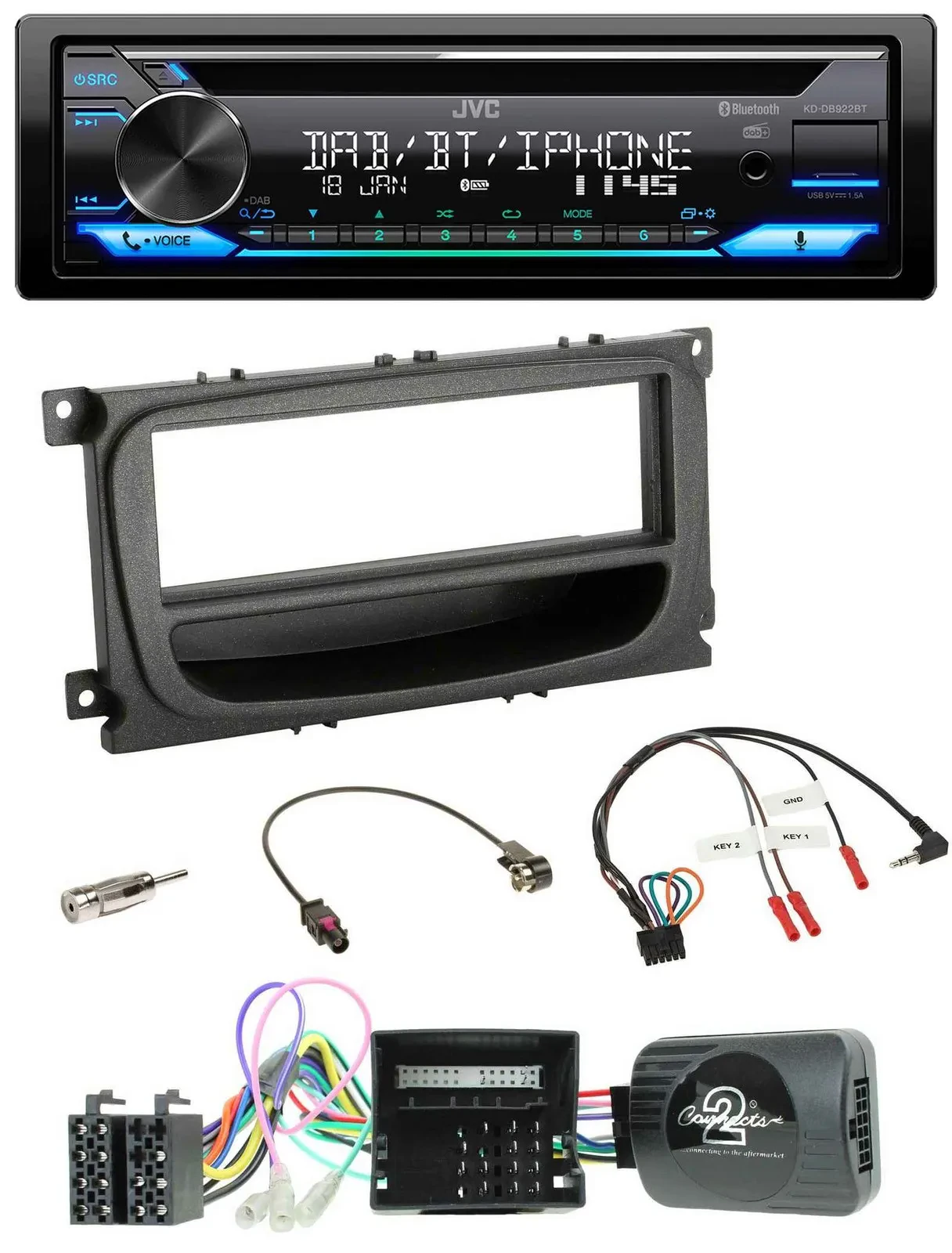 JVC Bluetooth Lenkrad USB DAB CD Autoradio für Ford Mondeo S-Max Can 07-14 schwa
