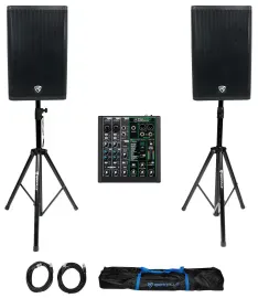 (2) Rockville DX15 15" 2000w Powered Active DJ PA Speakers+Mackie Mixer+Stands