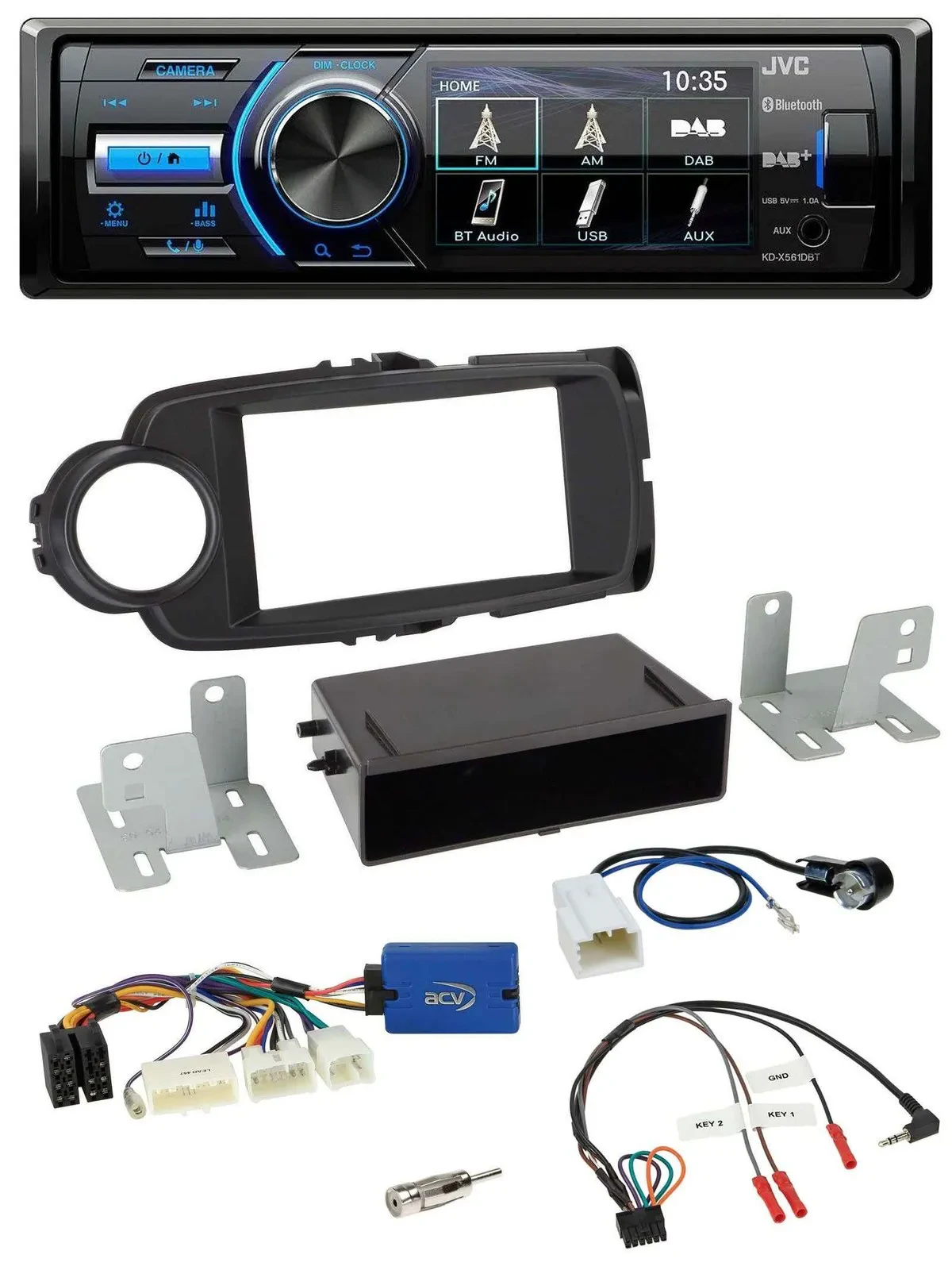 Автомагнитола для Toyota Yaris (с 2014) JVC Bluetooth, USB, DAB, черная, 28-pin, поддержка управления на руле