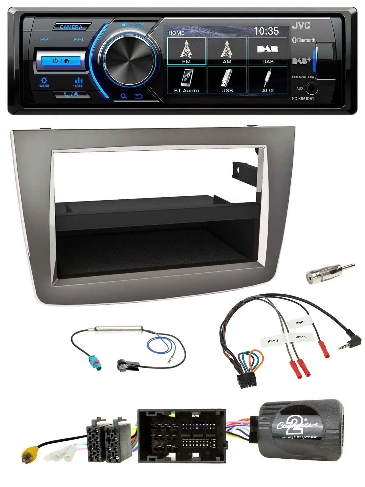 Автомагнитола для Alfa Romeo Mito 2014–2018 JVC Bluetooth, USB, DAB, серебристая, совместима с кнопками на руле