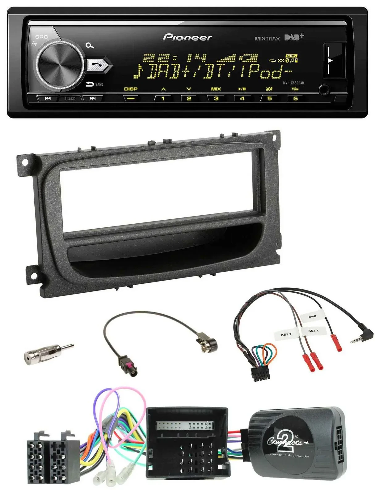 Автомагнитола Pioneer Bluetooth USB DAB для Ford Mondeo/S-Max 2007–2014, поддержка управления с руля (CAN), черный